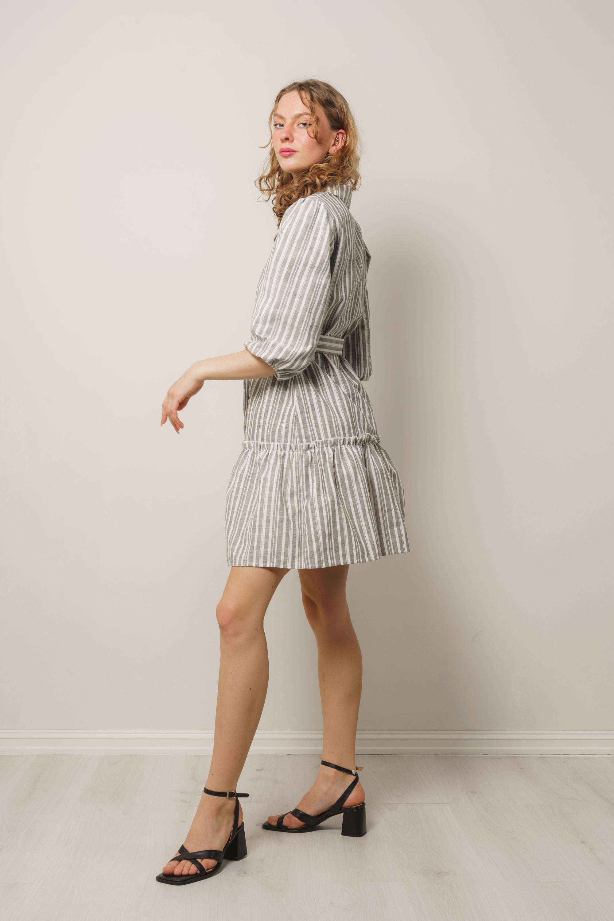 Linen Stripe Dress - Army/White