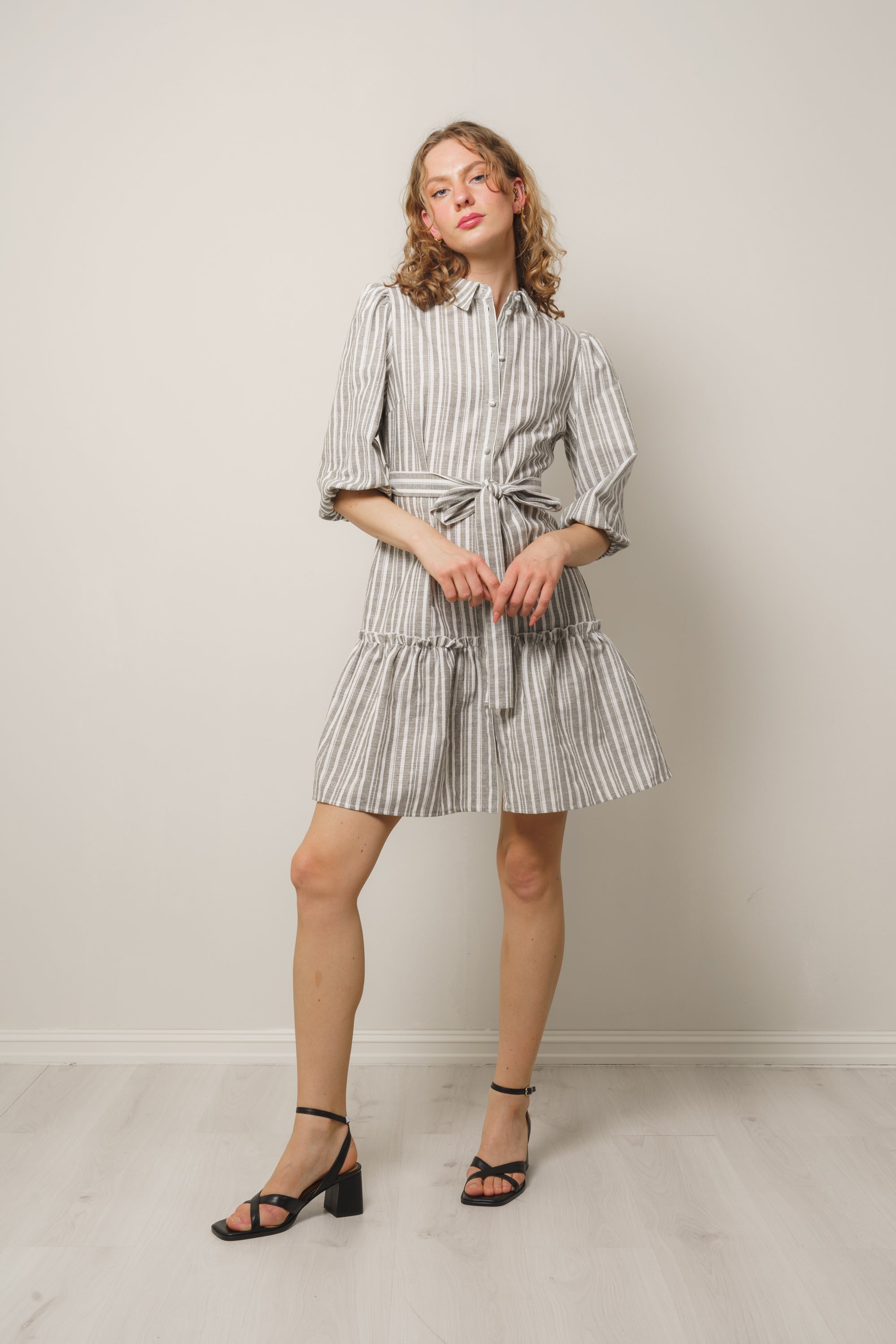 Linen Stripe Dress - Army/White