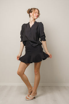 Callum Elastic SS V-Blouse - Black