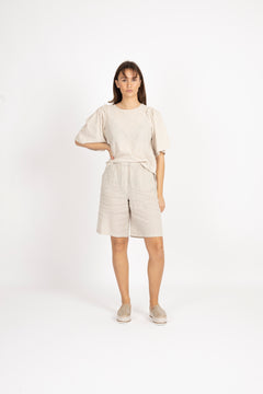 Hillie 2/4 Striped Linen Top B - Snow White Humus