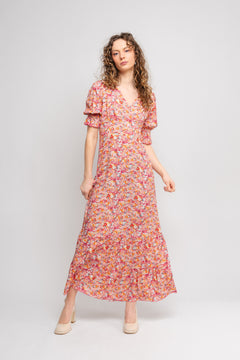 Koko Dress Long Open Back Short Sleeves - Red Flower