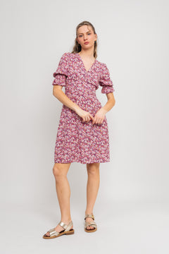 Koko Dress Short Open Back Short Sleeves - Lilac Bordeaux Big Flower