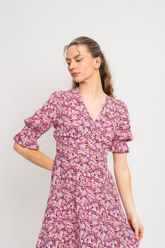 Koko Dress Short Open Back Short Sleeves - Lilac Bordeaux Big Flower