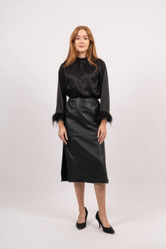 Fianna HW Midi Leather Skirt - Black