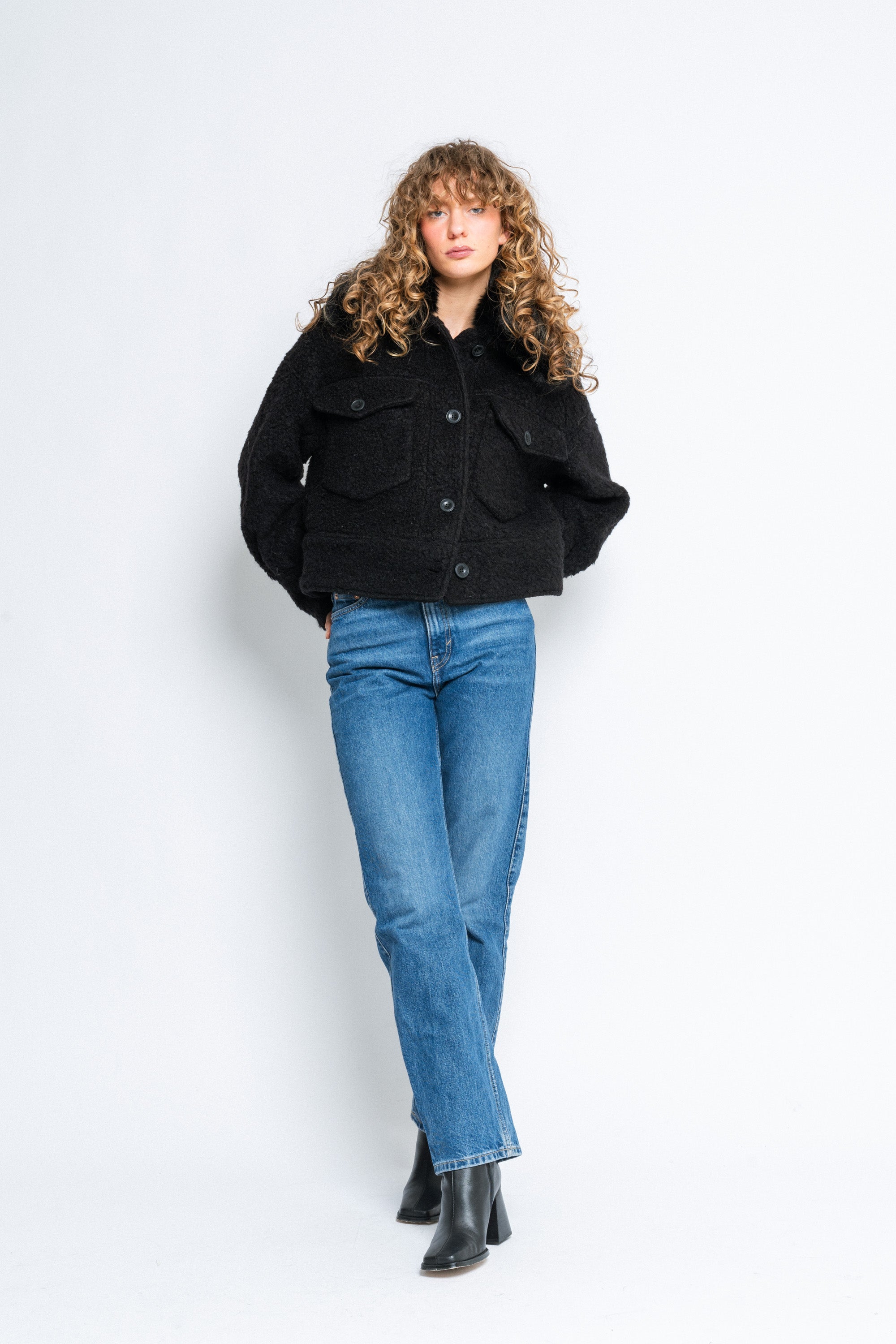 Charlie Jacket Wool Boucle Thick Faux Fur - Black