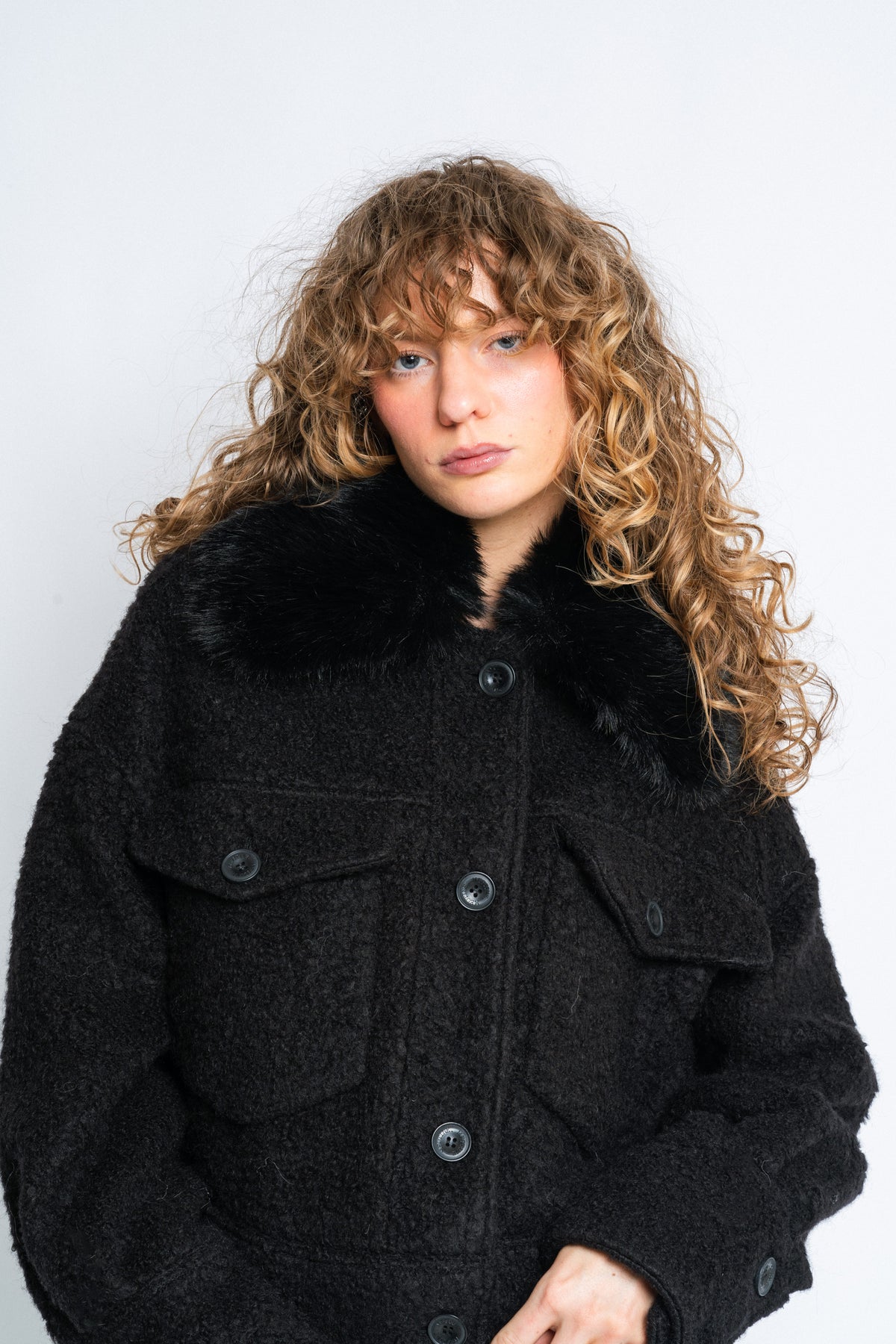 Charlie Jacket Wool Boucle Thick Faux Fur - Black