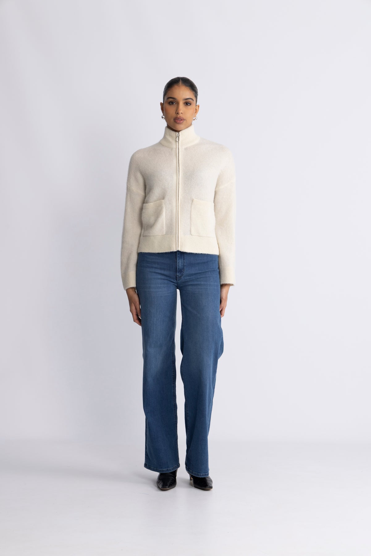 Sia Ras Ls Knit Zipper Cardigan - Snow White Melange