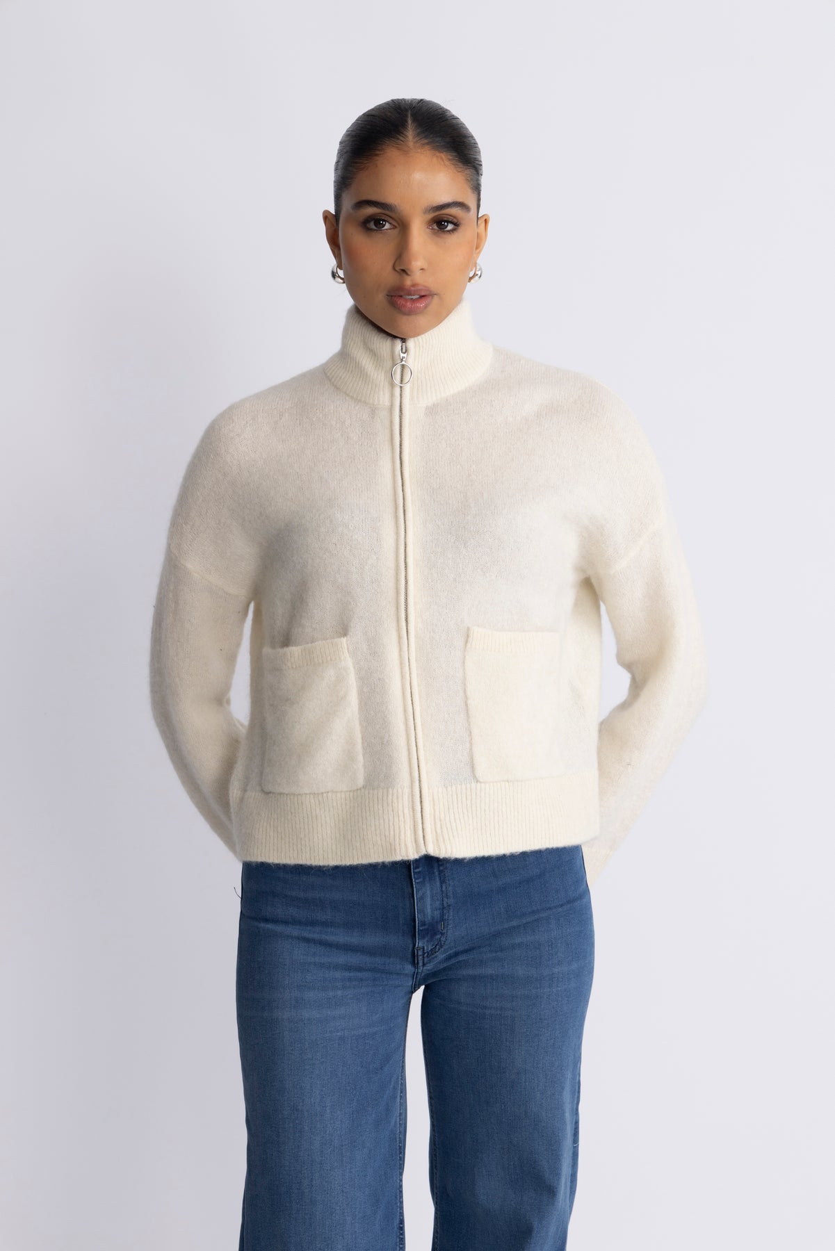 Sia Ras Ls Knit Zipper Cardigan - Snow White Melange