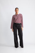 Wada Ls Stripe Collar Top - Zinfandel Snow White