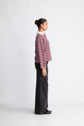 Wada Ls Stripe Collar Top - Zinfandel Snow White