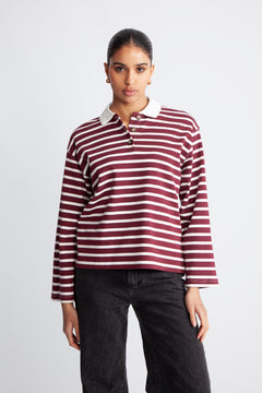 Wada LS Stripe Collar Top - Zinfandel Snow White