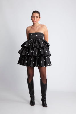 Satin Ruffle Dress - Black Comb