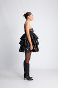 Satin Ruffle Dress - Black Comb
