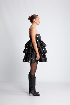 Satin Ruffle Dress - Black Comb