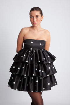 Satin Ruffle Dress - Black Comb