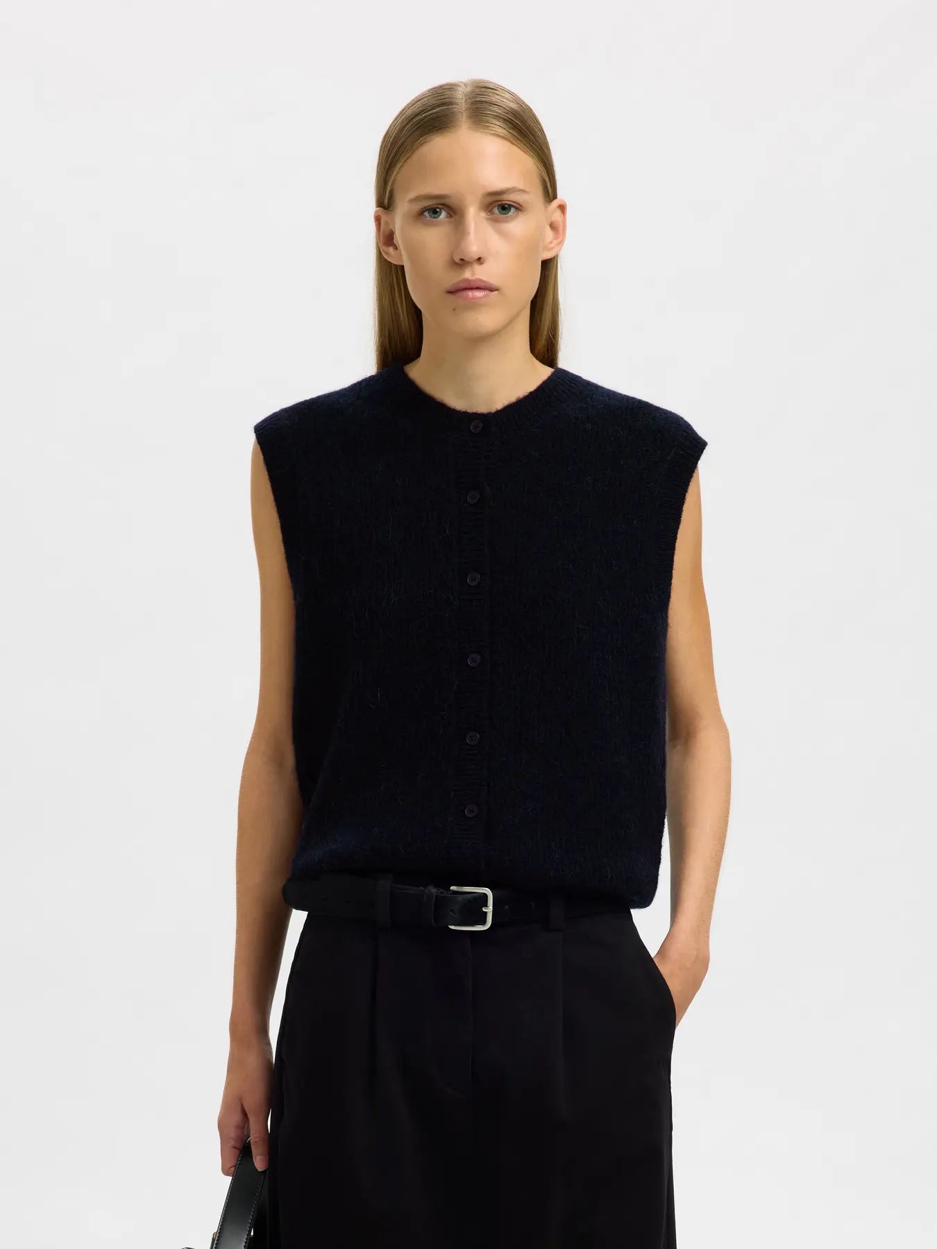 Lulu Sl Button O-Neck Vest - Dark Sapphire Melange