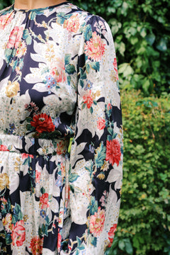 Satin Midi Dress - Black Bouquet