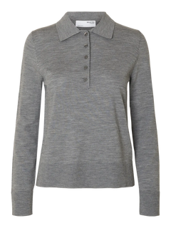 Thea Ls Knit Merino Collar Neck - Medium Grey Melange