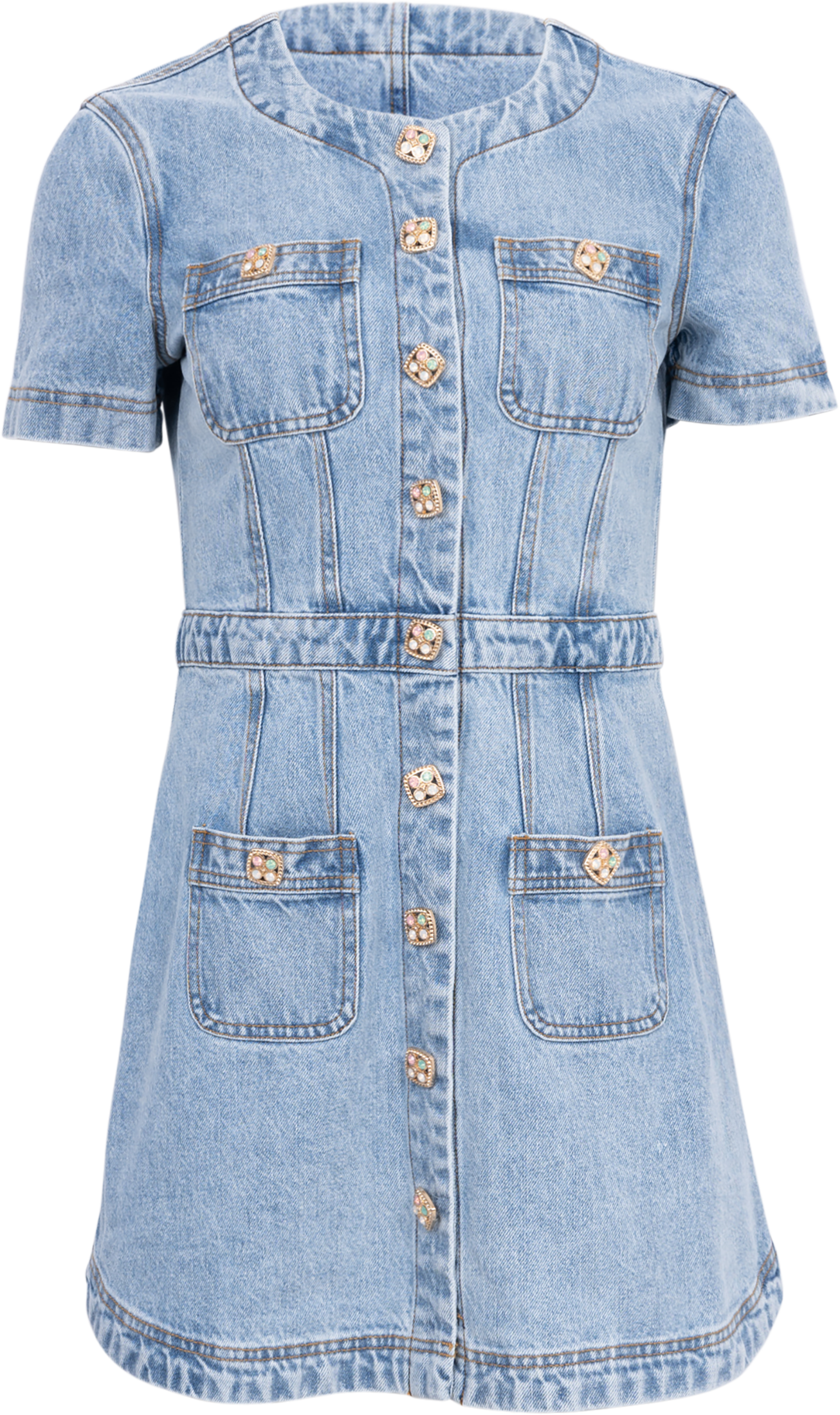 Denim Buttoned Mini Dress  - Light Blue