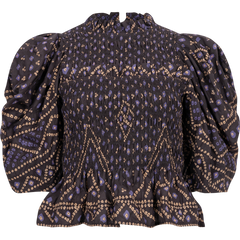 Delphine Pucker Cotton Puff Slv Smocked Top - Blue