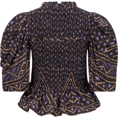 Delphine Pucker Cotton Puff Slv Smocked Top - Blue