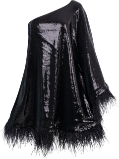Andrea One-Shoulder Feather Sequin Mini Dress - Black