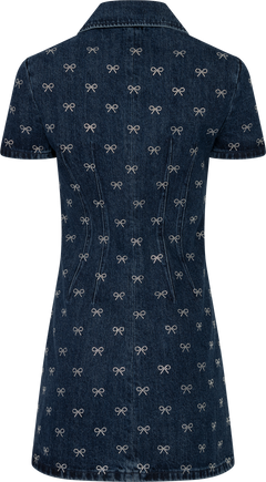 Denim Diamante Bow Collared Mini Dress - Blue