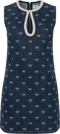 Denim Diamante Bow Mini Dress - Blue