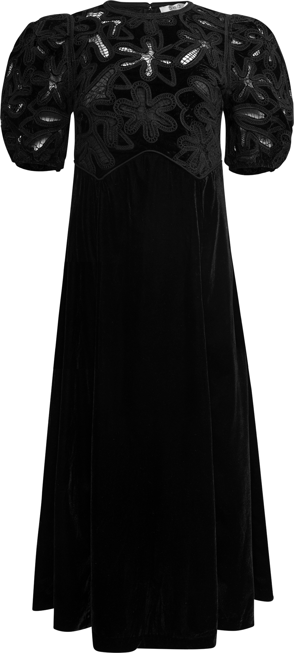 Alice Embroidery Velvet Puff Slv Dress - Black