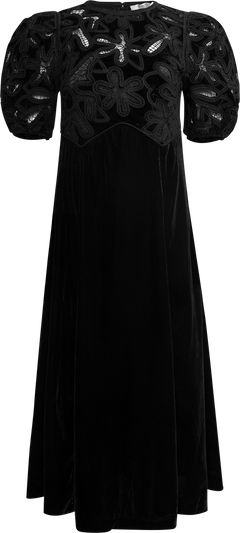 Alice Embroidery Velvet Puff Slv Dress - Black