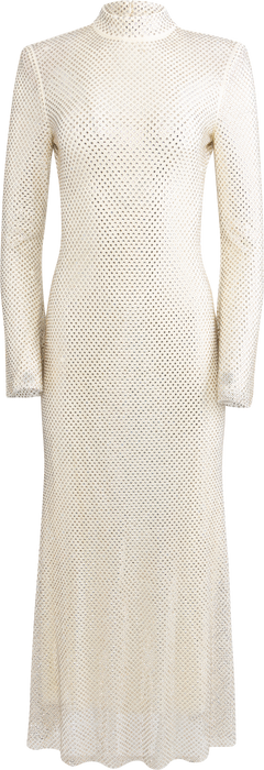 Square Rhinestone Fishnet Midi Dress - Cream