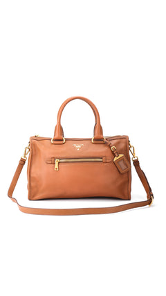 Prada Vitello Daino Front Zip Tote Shoulder Bag - Brown