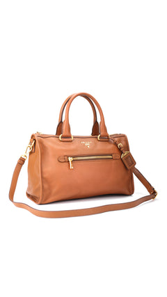 Prada Vitello Daino Front Zip Tote Shoulder Bag - Brown