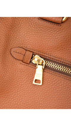 Prada Vitello Daino Front Zip Tote Shoulder Bag - Brown