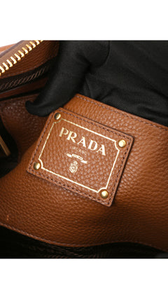 Prada Vitello Daino Front Zip Tote Shoulder Bag - Brown