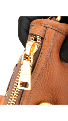 Prada Vitello Daino Front Zip Tote Shoulder Bag - Brown