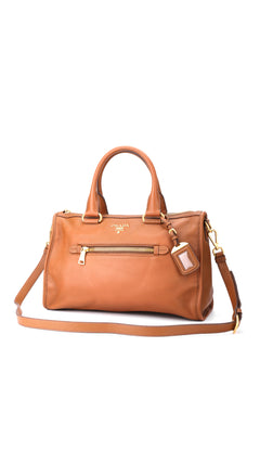 Prada Vitello Daino Front Zip Tote Shoulder Bag - Brown