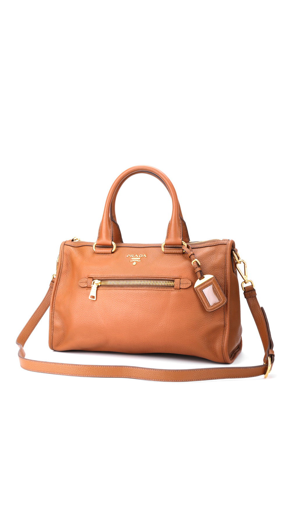Prada Vitello Daino Front Zip Tote Shoulder Bag - Brown