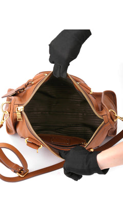 Prada Vitello Daino Front Zip Tote Shoulder Bag - Brown