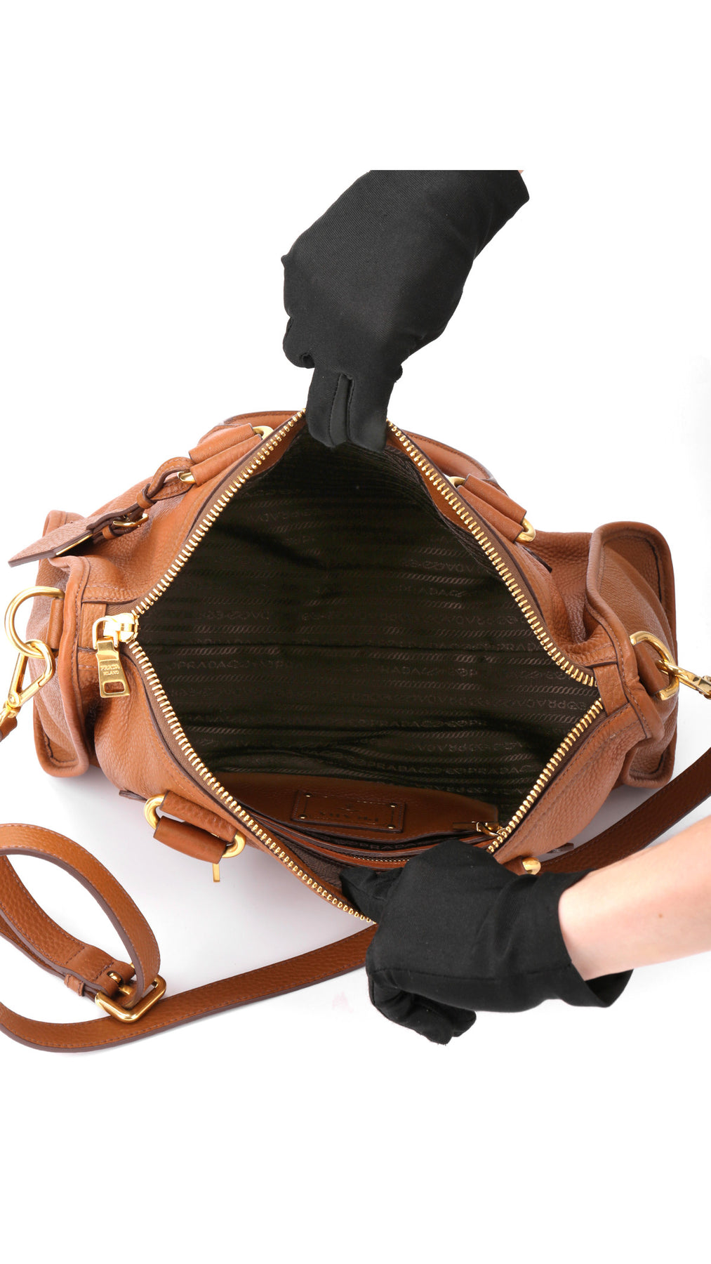 Prada Vitello Daino Front Zip Tote Shoulder Bag - Brown