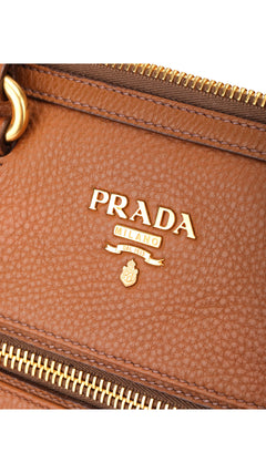 Prada Vitello Daino Front Zip Tote Shoulder Bag - Brown