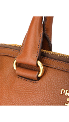 Prada Vitello Daino Front Zip Tote Shoulder Bag - Brown