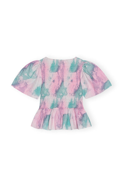 Printed Cotton Open-Neck Smock Blouse - Lilac Sachet