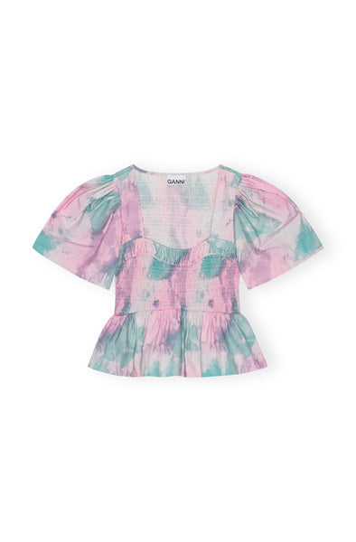 Printed Cotton Open-Neck Smock Blouse - Lilac Sachet