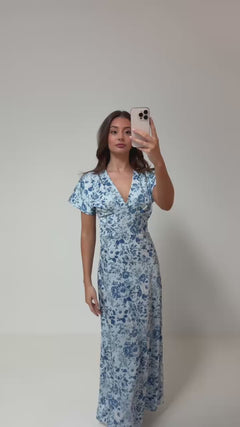 Kristin Satin Flower Dress - Blue
