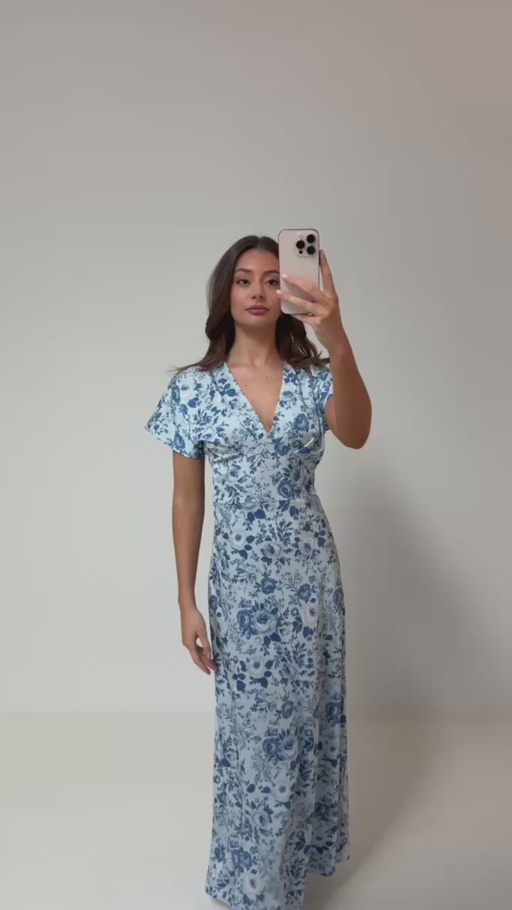 Kristin Satin Flower Dress - Blue