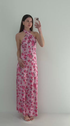 Ebba Flowery Satin Maxi Dress - Pink