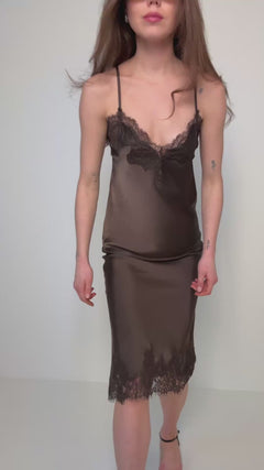 Stina Satin Lace Singlet - Dark Brown