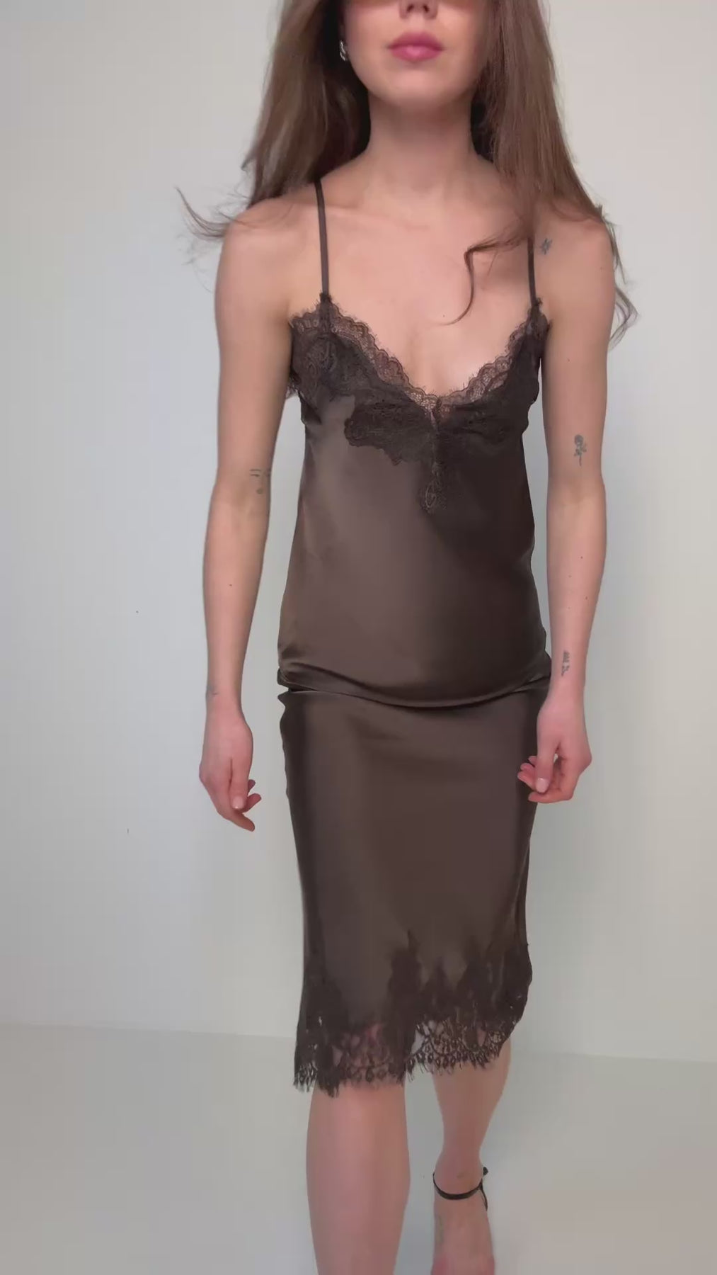 Stina Satin Lace Singlet - Dark Brown