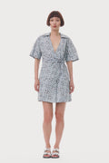 Printed Cotton Wrap Mini Dress - Glacier Lake